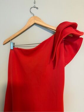 Aqua One-Shoulder Dress with Sculptural Shoulder in Red